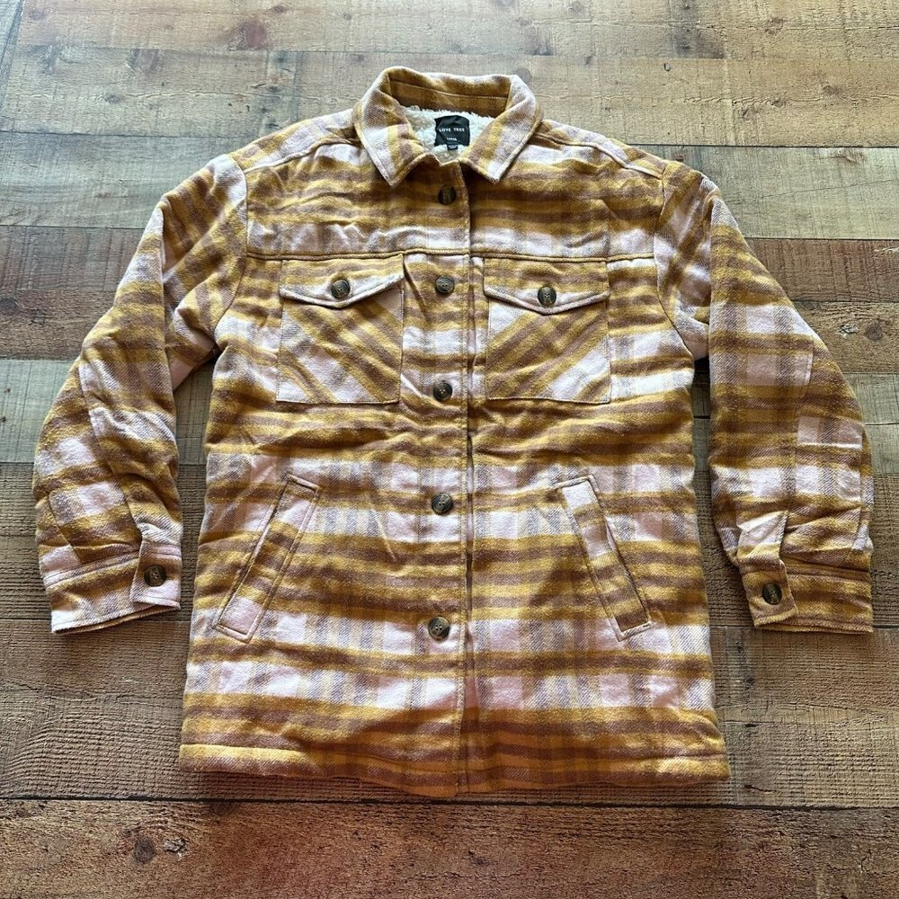 Love Tree tan and pink button down sherpa lined shacket women's Large